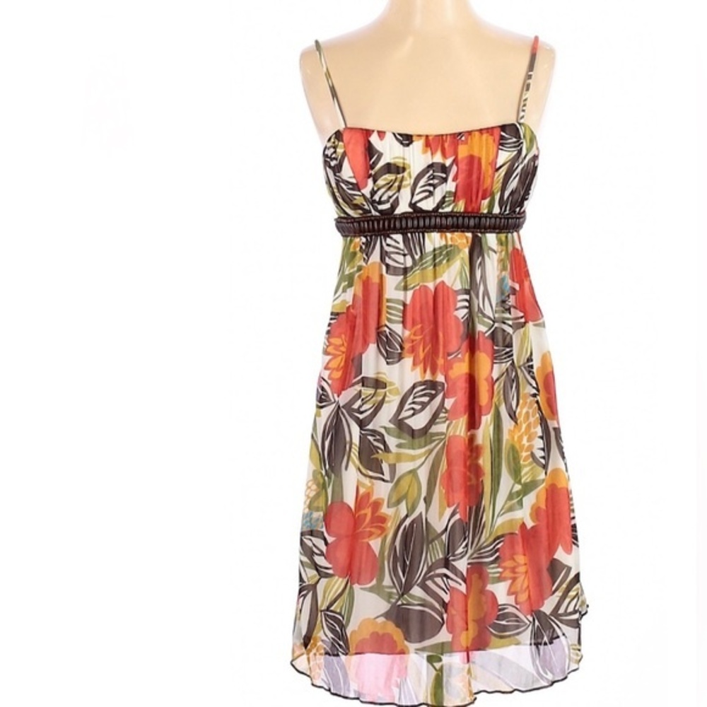 Wood beaded empire waist Tropical print chiffon sundress size medium